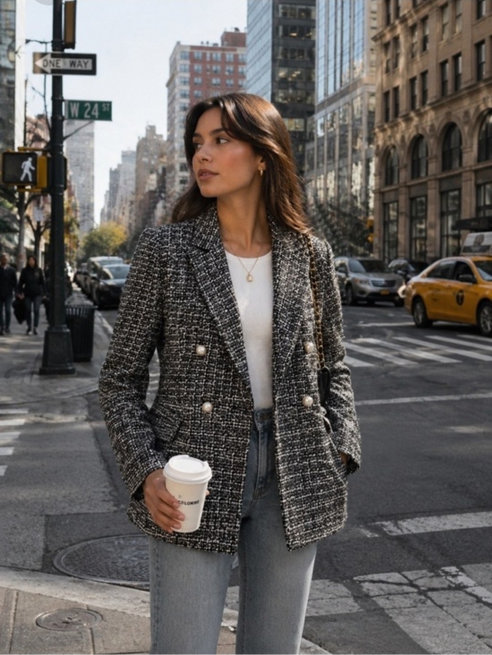 Nanette Lepore Black & White Tweed Double-Breasted Blazer